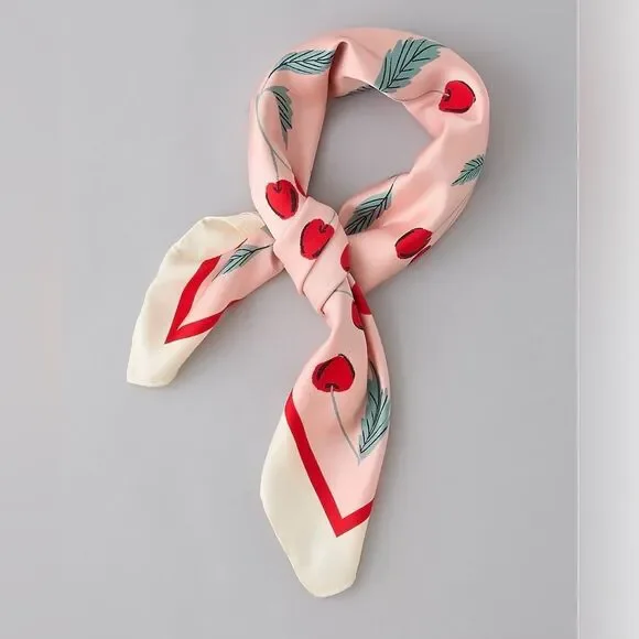 AE Ivory Pink Red Green Cherry Print Satin Square Bandana Scarf - Picture 3 of 8